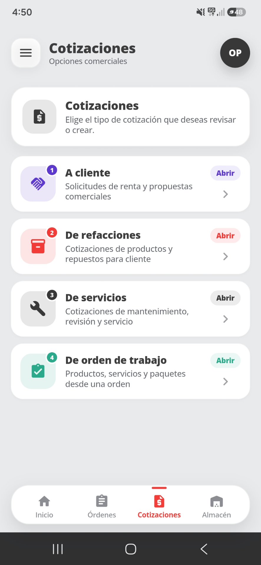 Pantalla de cotizaciones de la app