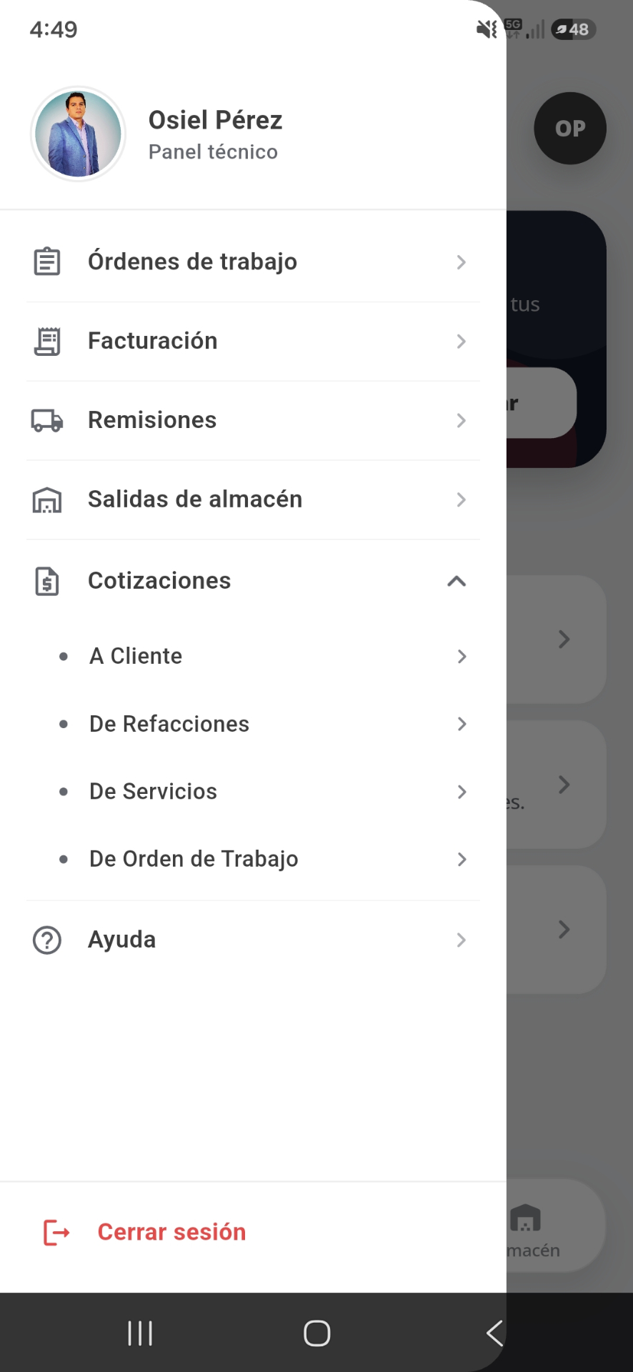 Menú lateral de la app