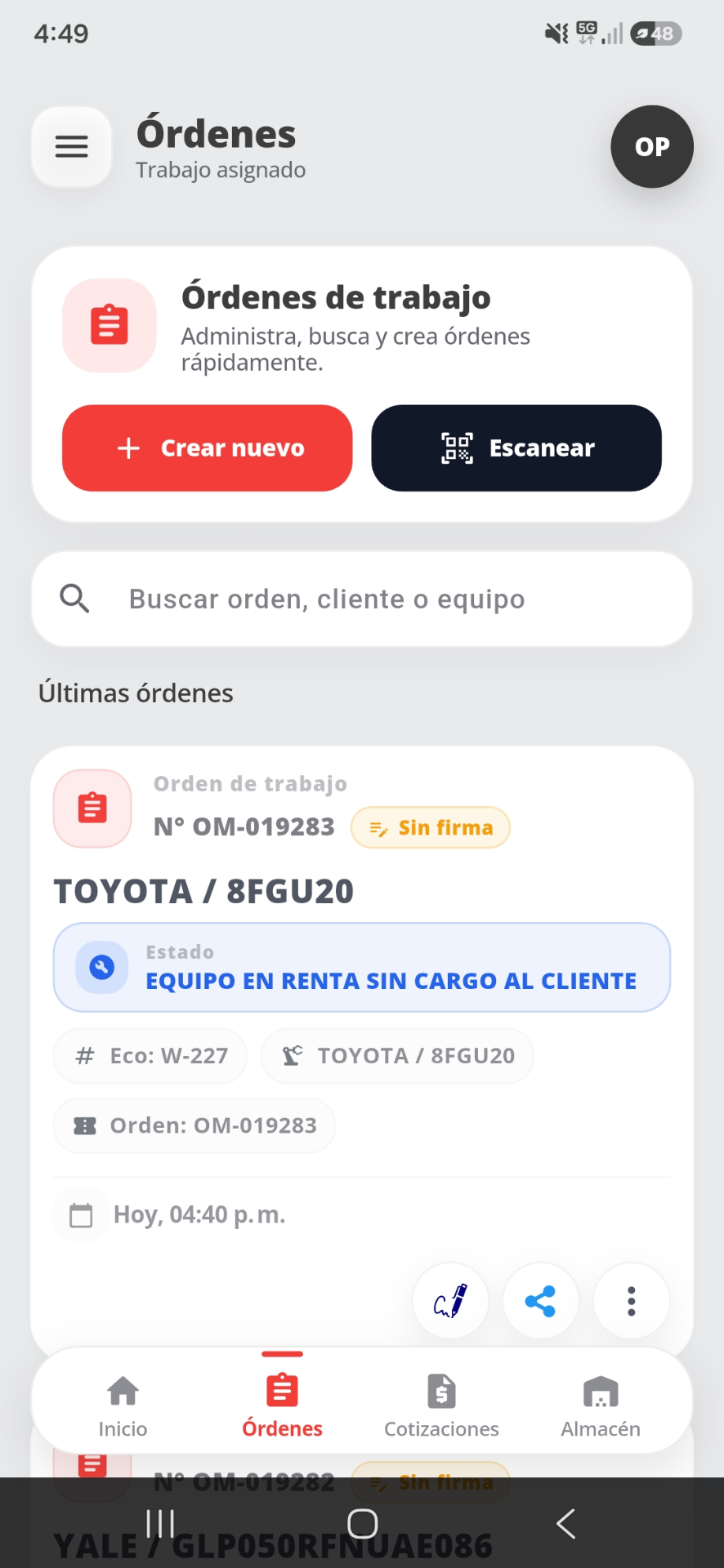 Pantalla de órdenes de la app