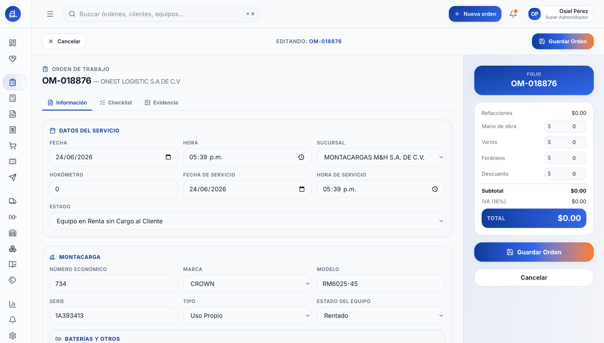 Detalle de orden de trabajo con datos del equipo